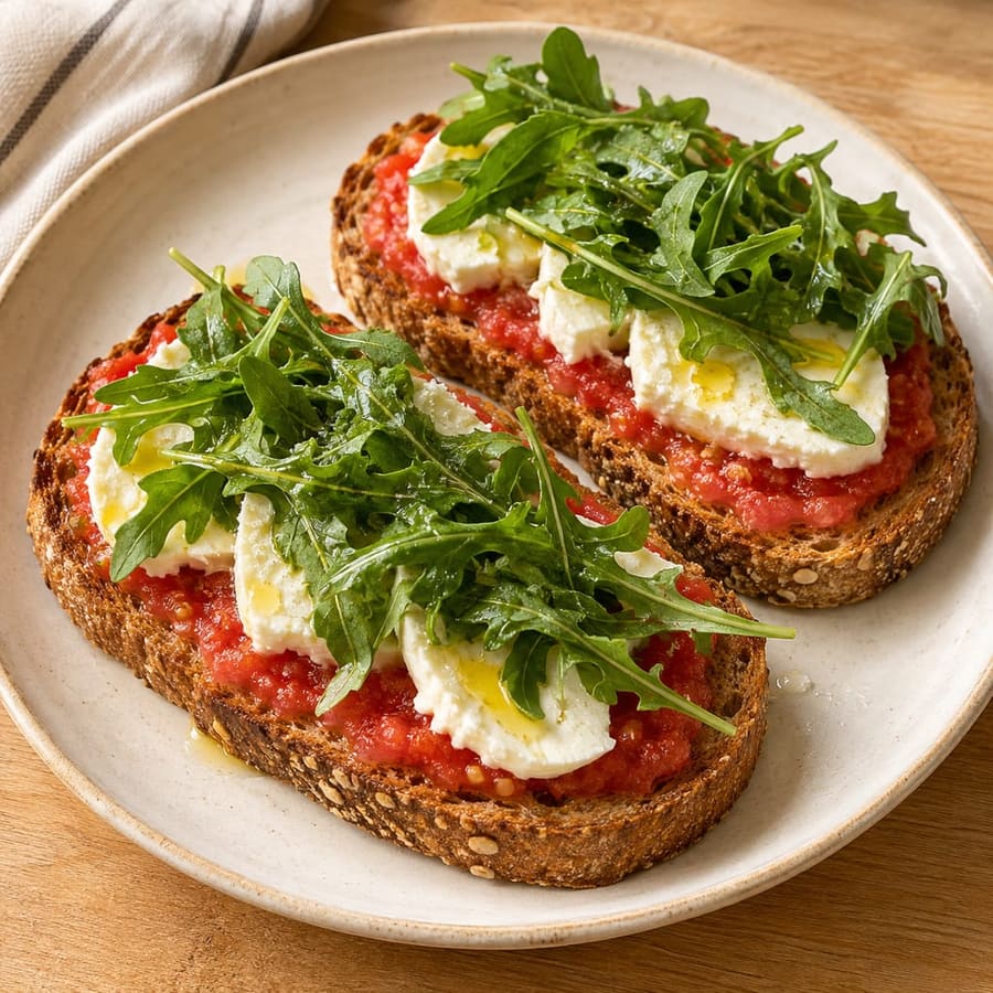 Toast con formaggio fresco, pomodoro e rucola