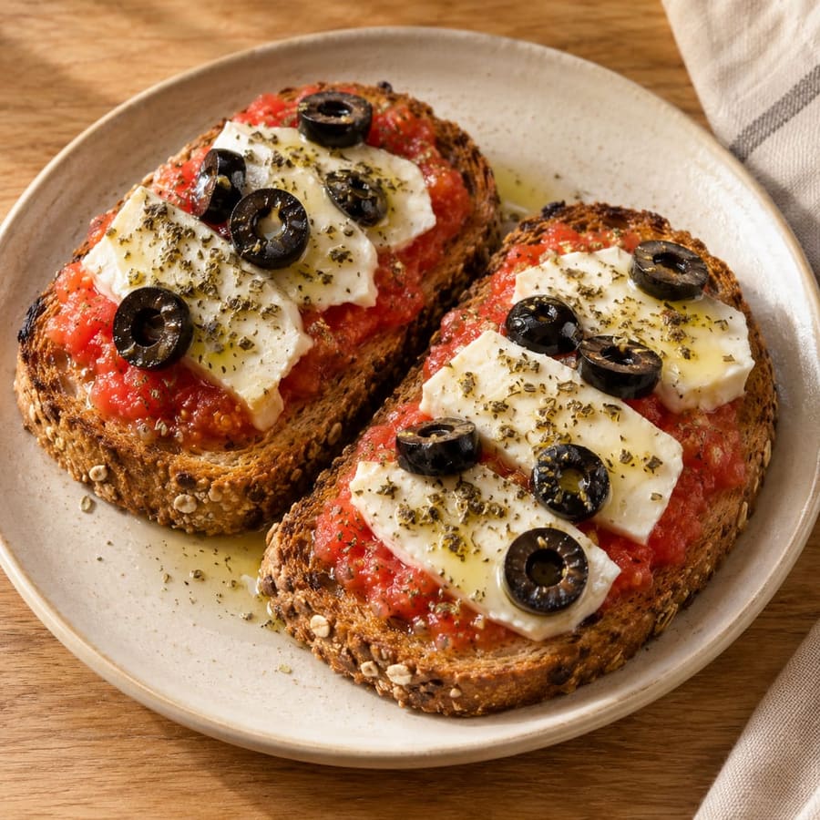 Toast con formaggio fresco, pomodoro e olive nere