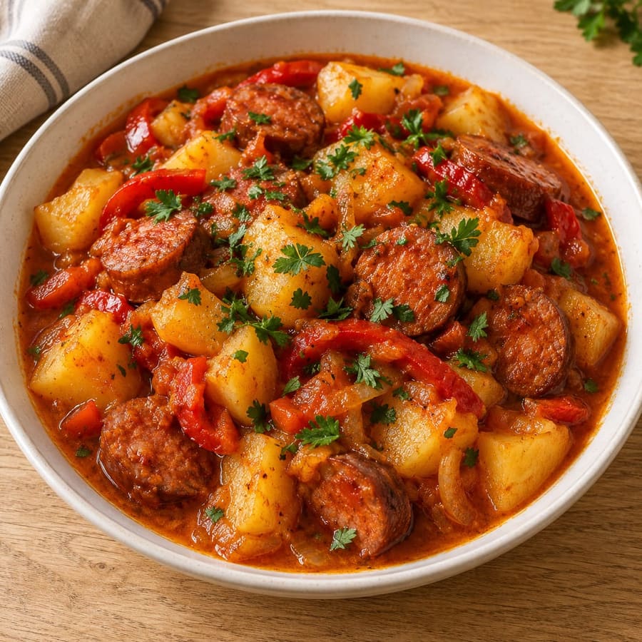 Tocăniță de cartofi cu cârnați (rumänischer Kartoffeleintopf mit Wurst)
