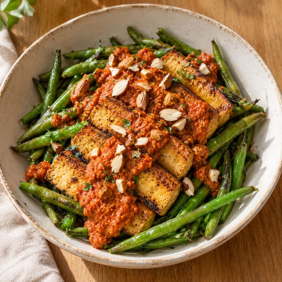 Ofentofu mit Erdnusssoße und grünen Bohnen