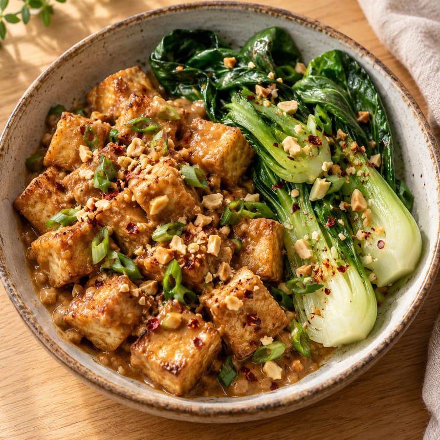 Tofu mit Erdnusssauce und Pak Choi