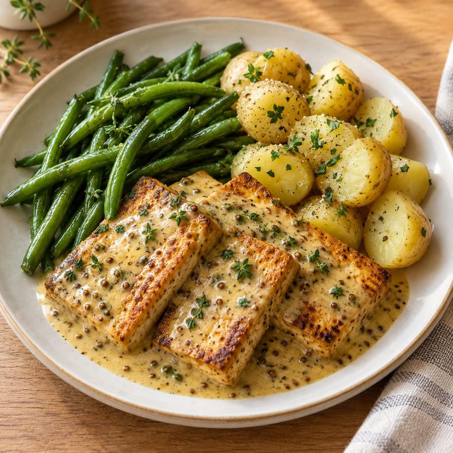 Senf-Tofu mit grünen Bohnen und Kartoffeln