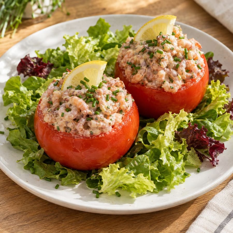 Belgische Tomaten mit Nordseekrabben und Mayonnaise, grüner Salat