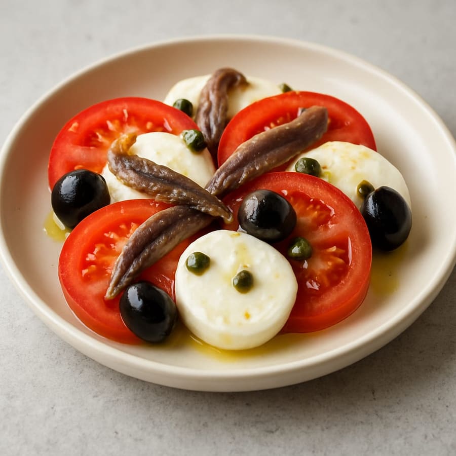 Tomaten-Mozzarella-Salat mit Kapern und Sardellen