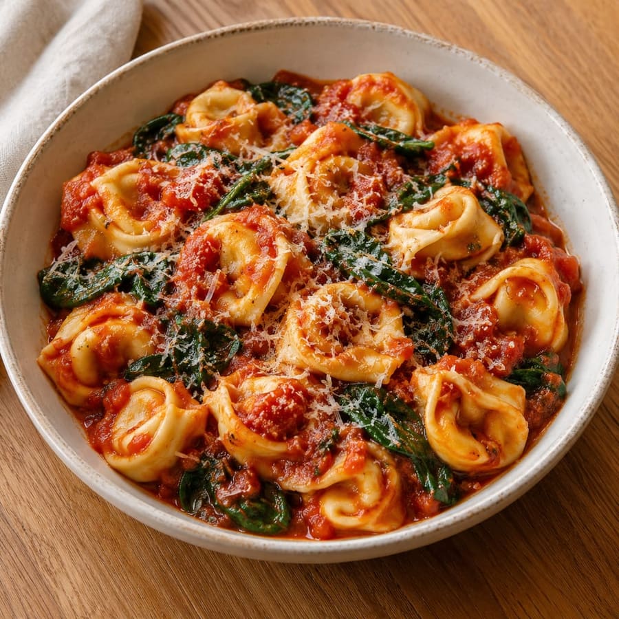 Käse-Tortellini in Tomatensauce mit Spinat