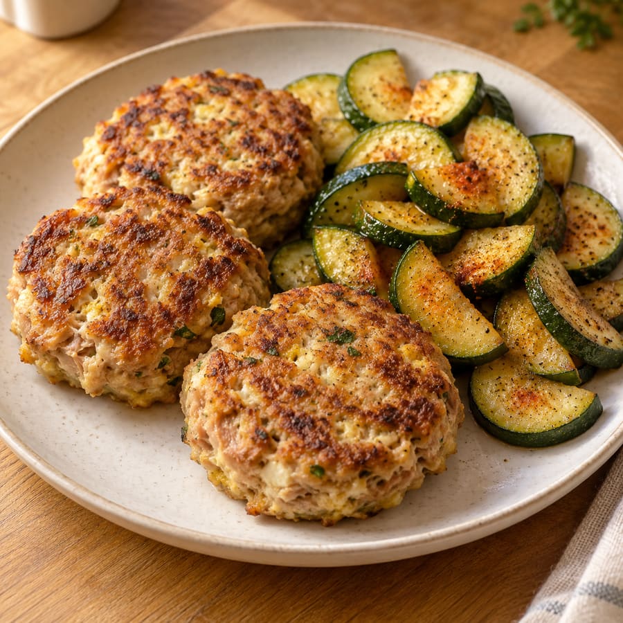 Thunfisch-Ei-Puffer mit gebratener Zucchini