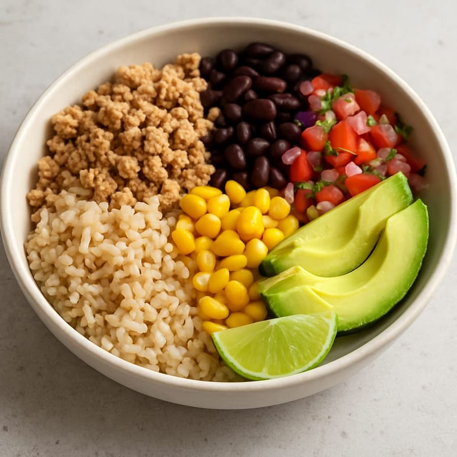 Bowl mit Putenhack, schwarzen Bohnen, Vollkornreis, Mais und Pico de Gallo