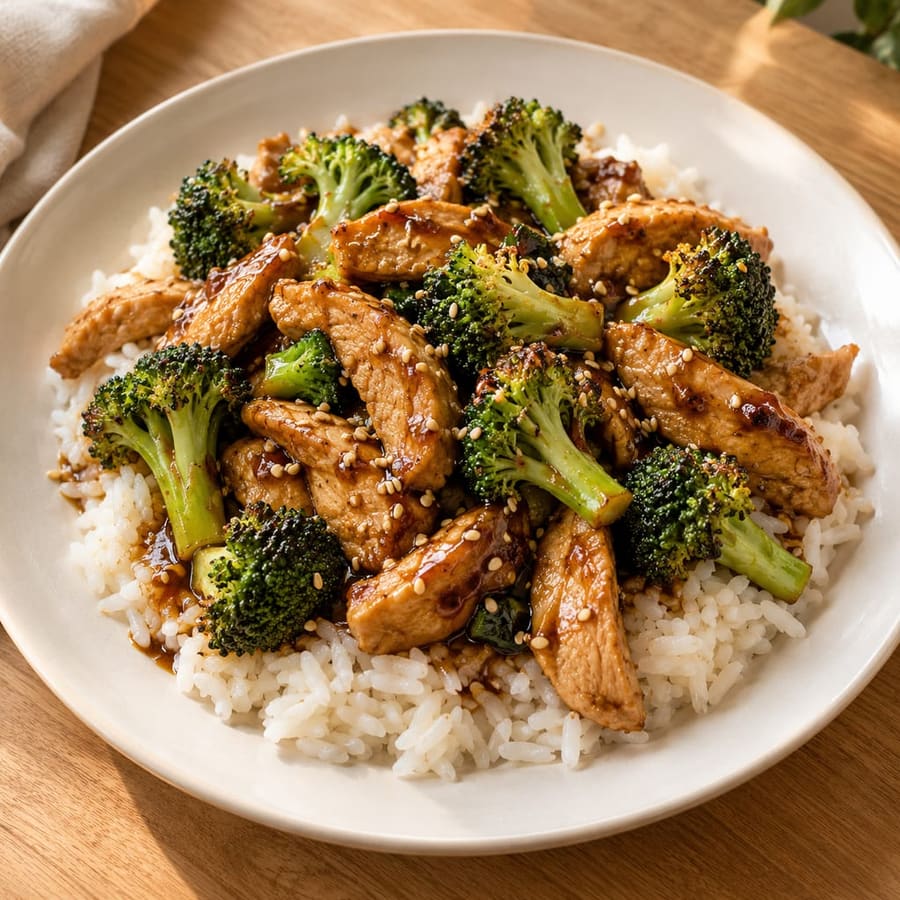 Puten-Brokkoli-Wok mit Sesam und Reis