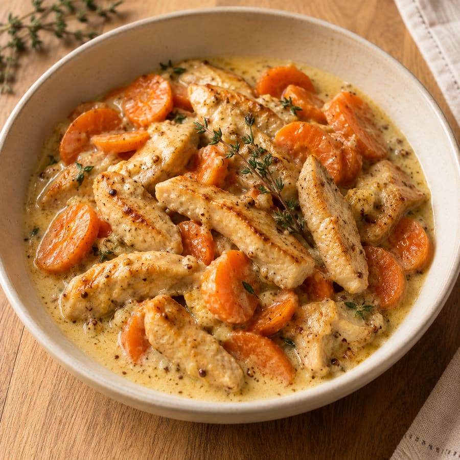 Putenstreifen mit Karotten in Senf-Joghurt-Sauce