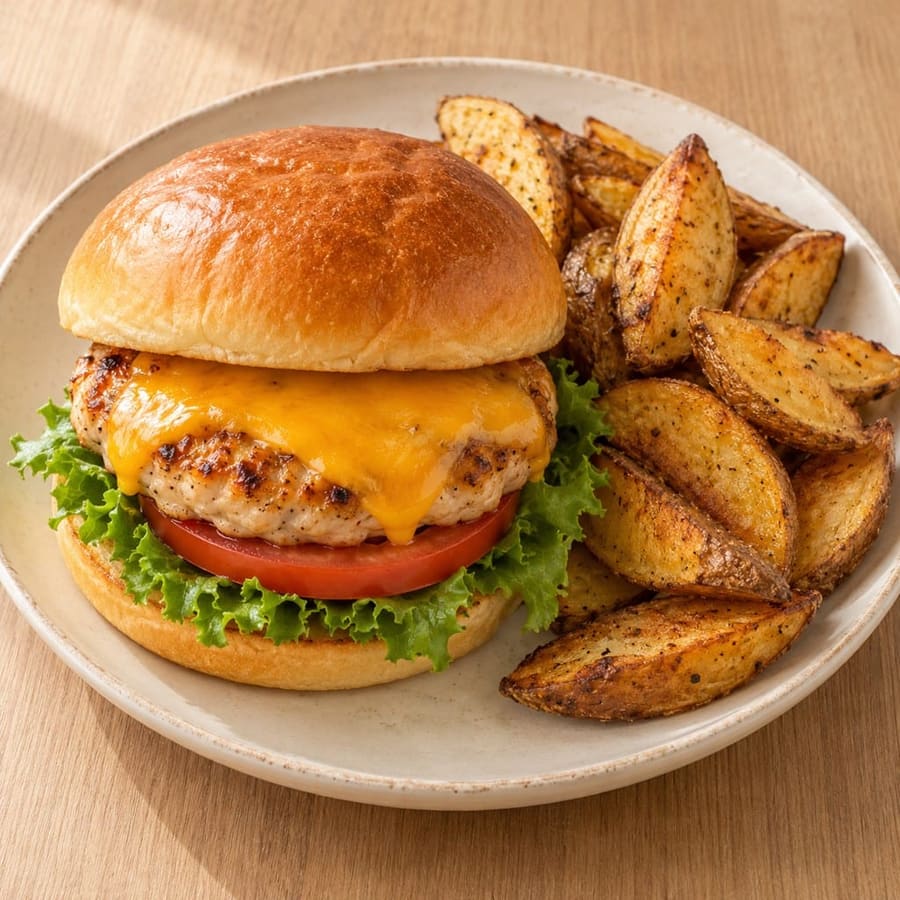 Puten-Cheddar-Burger mit Kartoffelspalten