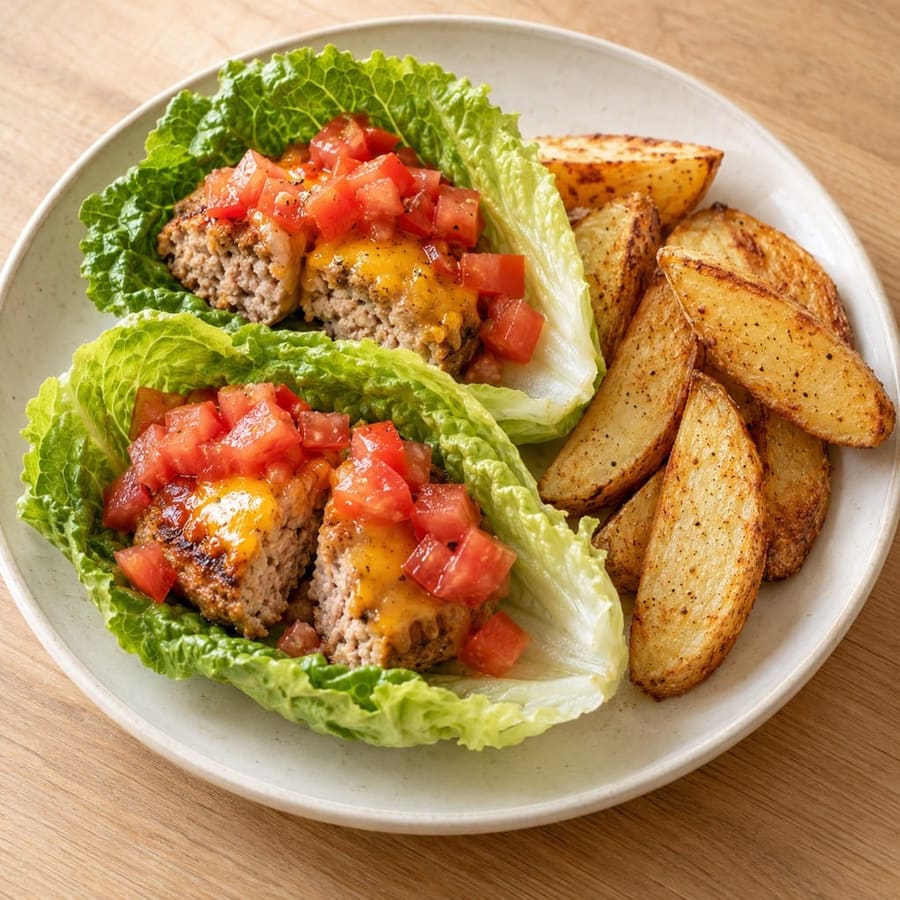Puten-Cheddar-Burger im Salatblatt mit Kartoffelspalten