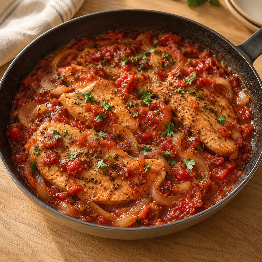 Putenbrust Pizzaiola mit Zwiebeln und Oregano