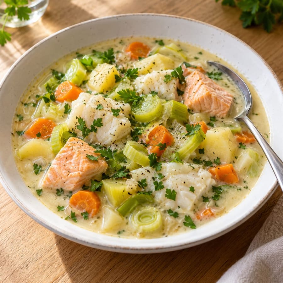 Schnelles Fisch-Waterzooi (belgischer Fisch-Gemüse-Eintopf mit Sahne)