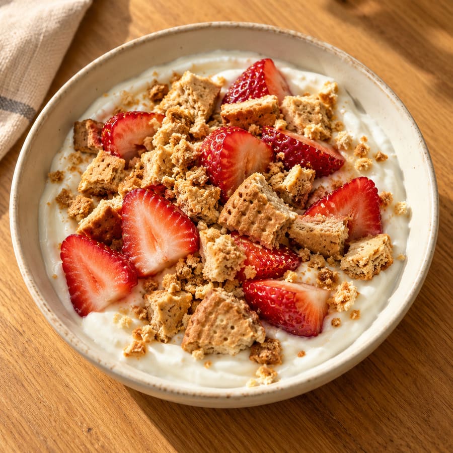 Yogurt con biscotti secchi e frutta fresca