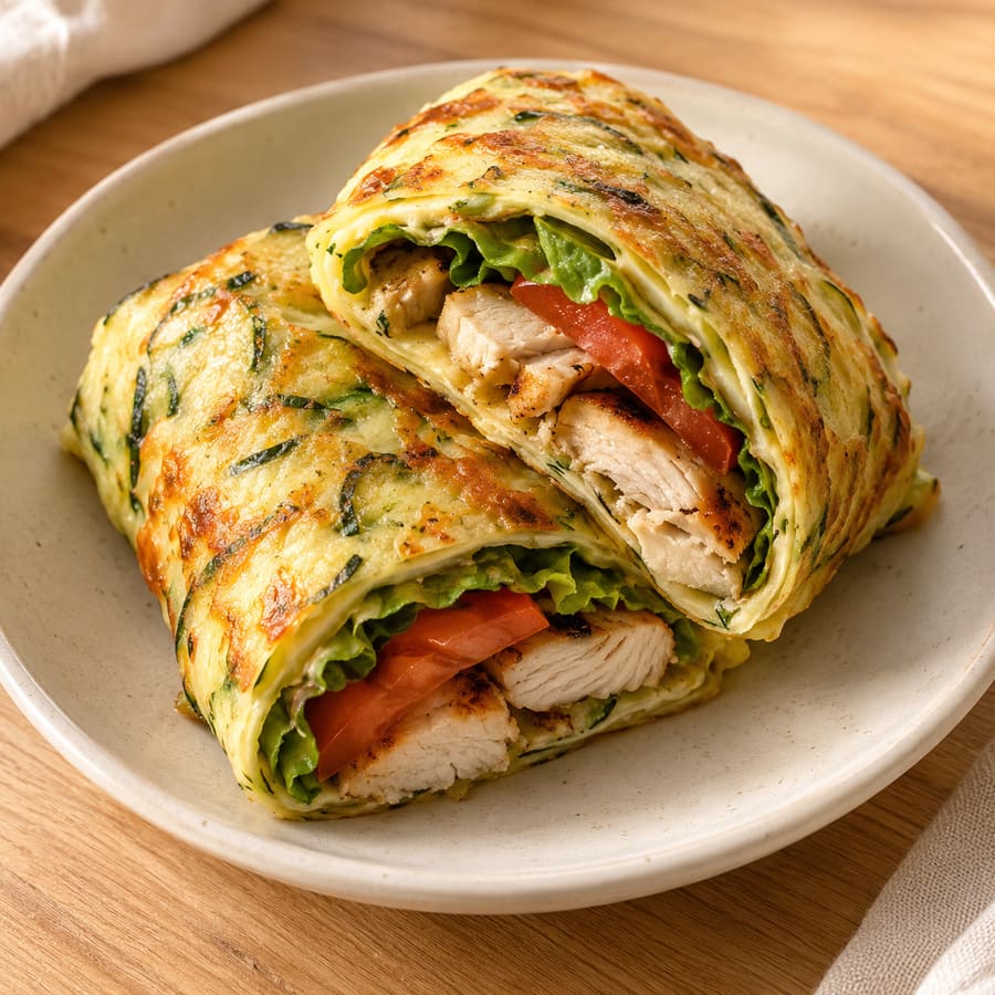 Zucchini-Käse-Wrap mit gegrilltem Hähnchen, Salat und Tomate