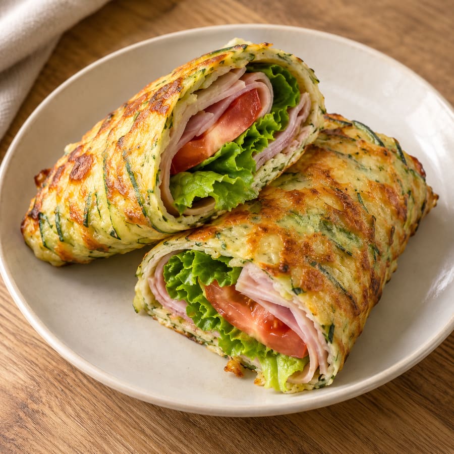 Zucchini-Käse-Wrap mit Kochschinken, Salat und Tomate