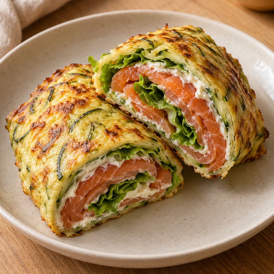 Zucchini-Käse-Wrap mit Räucherlachs, Frischkäse und Salat