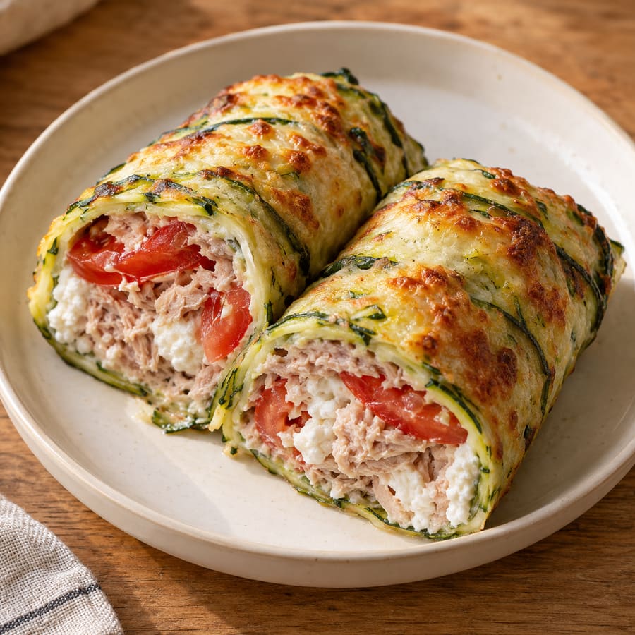 Zucchini-Käse-Wrap mit Thunfisch, Hüttenkäse und Tomate