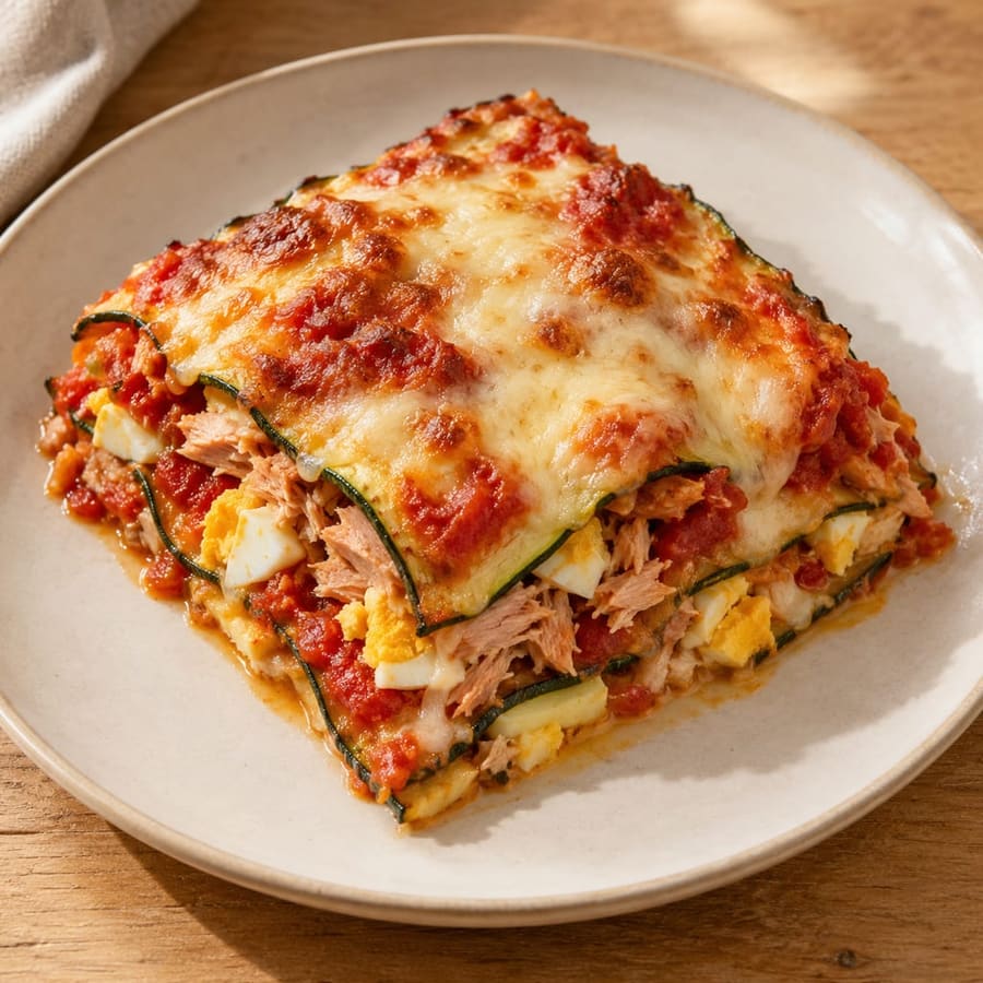 Zucchini-Lasagne mit Thunfisch, hartgekochtem Ei und Tomate